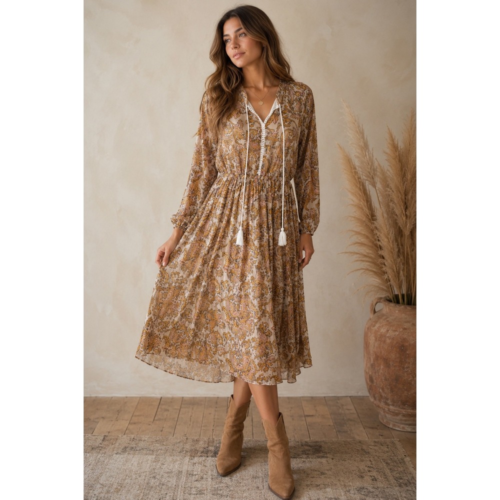 World Market Paisley Midi Dress Tassel Boho S/M Tan Gold Peasant Pleated Cottage